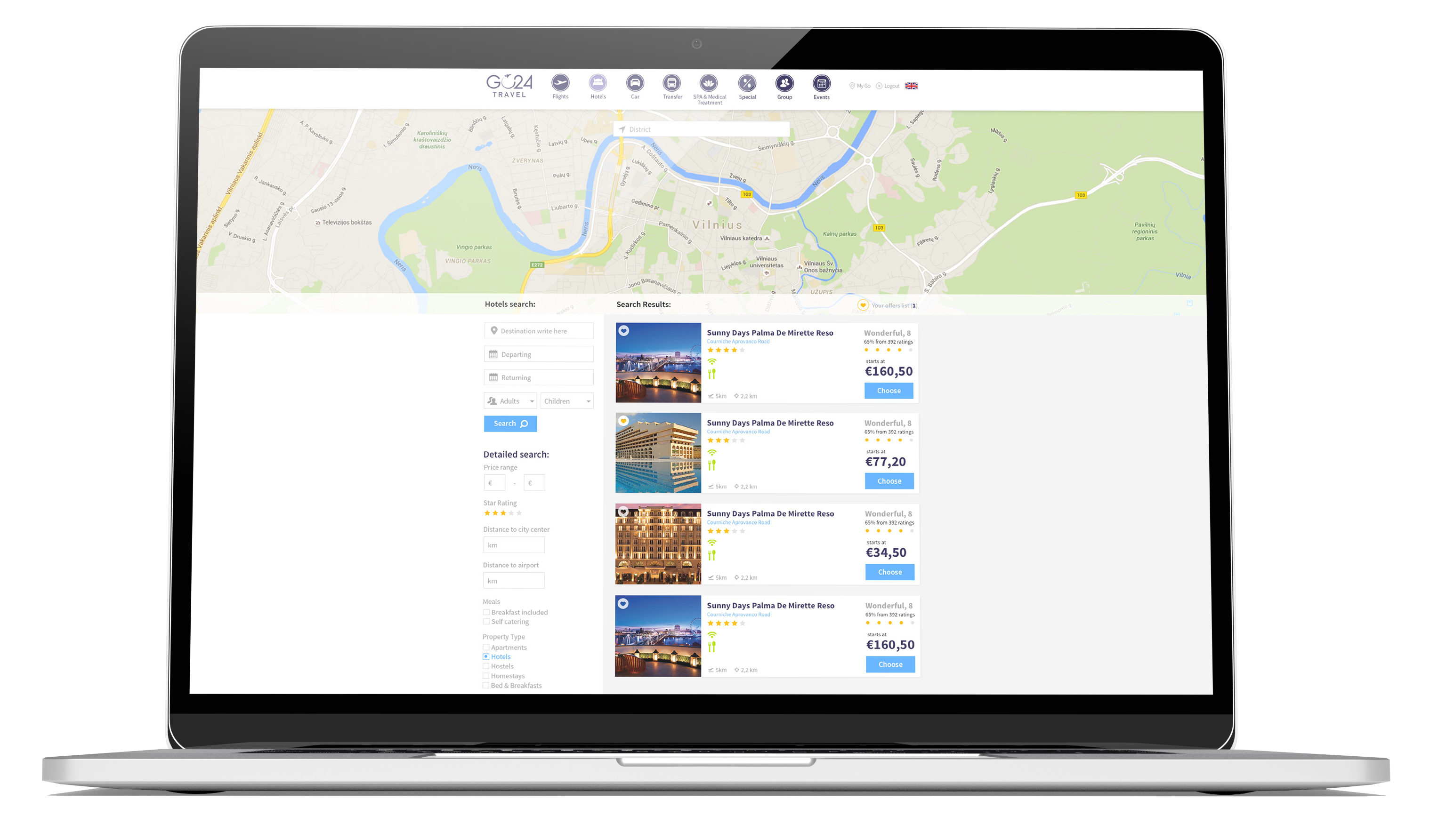 Go24 Travel web app design on a laptop screen